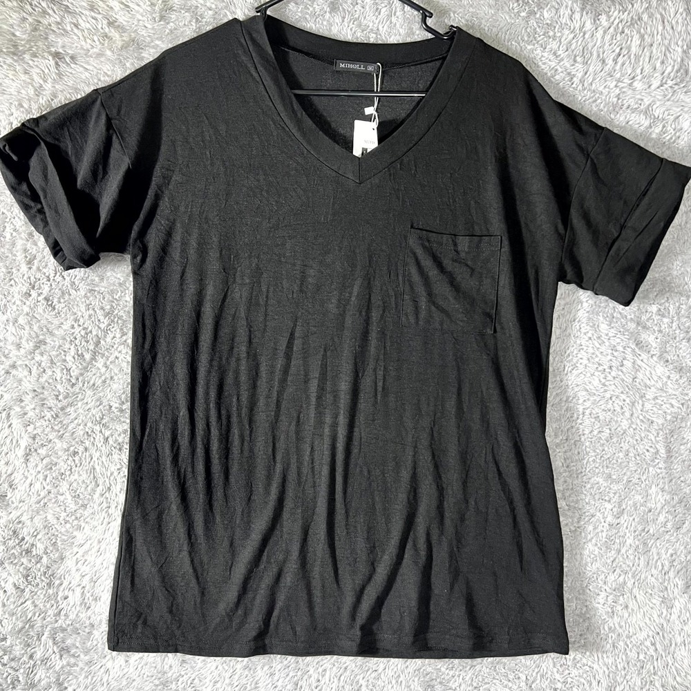 Miholl T Shirt Womens Medium Black Cotton Stretch Casual V Neck Everyday Wear